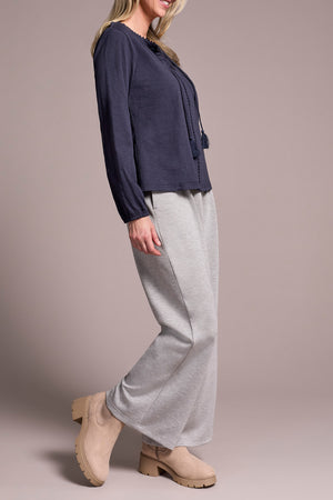 Tribal Fall 2025-2232O-8168-Long Sleeve Split Neck Top W/Tassel- Sapphire - The Coach Pyramids