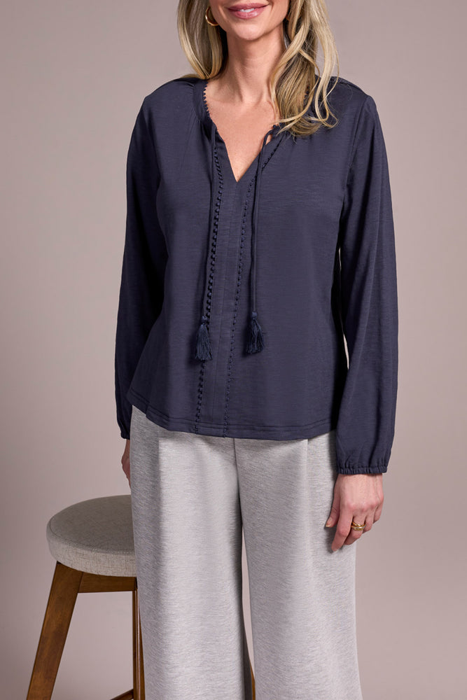 Tribal Fall 2025-2232O-8168-Long Sleeve Split Neck Top W/Tassel- Sapphire - The Coach Pyramids