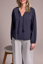 Tribal Fall 2025-2232O-8168-Long Sleeve Split Neck Top W/Tassel- Sapphire - The Coach Pyramids