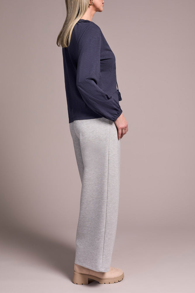 Tribal Fall 2025-2232O-8168-Long Sleeve Split Neck Top W/Tassel- Sapphire - The Coach Pyramids