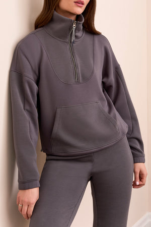 Tribal Fall 2025-2236O-3390-L/S Mock Neck Top W/Zipper-Charcoal - The Coach Pyramids