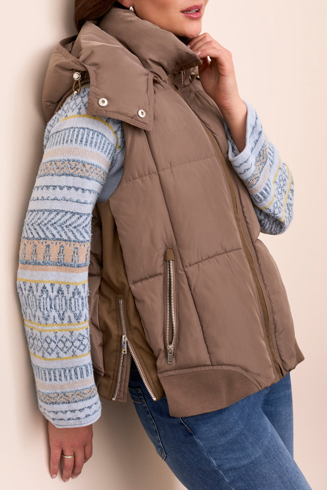 Tribal Fall 2025-2247O-8272-Quilted Vest W/Removable Hood-Fossil - The Coach Pyramids