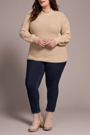Tribal Fall 2025-2256O-576-Long Sleeve Cable Mock Neck Sweater-H Latte - The Coach Pyramids