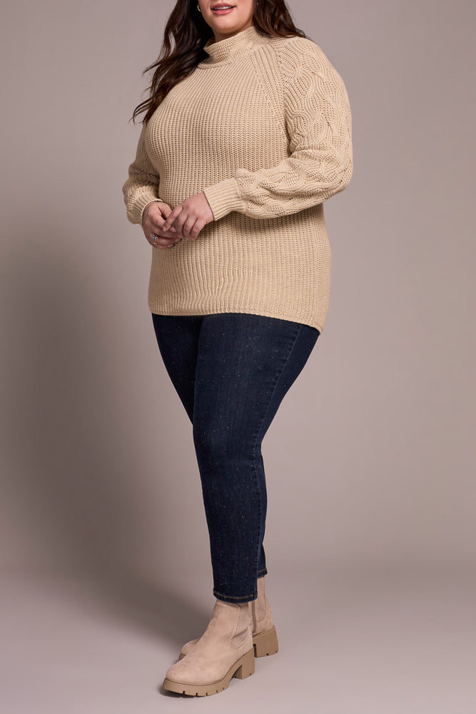 Tribal Fall 2025-2256O-576-Long Sleeve Cable Mock Neck Sweater-H Latte - The Coach Pyramids