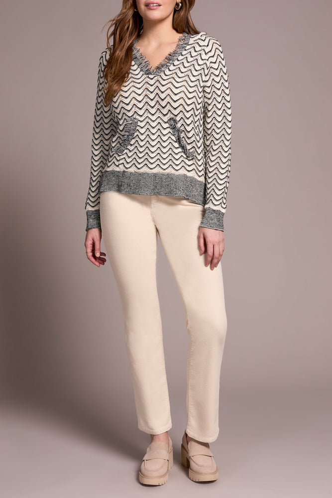 Tribal Fall 2025-2276O-576-Long Sleeve Hooded Sweater W/Fringe Detail-H Charcoal - The Coach Pyramids