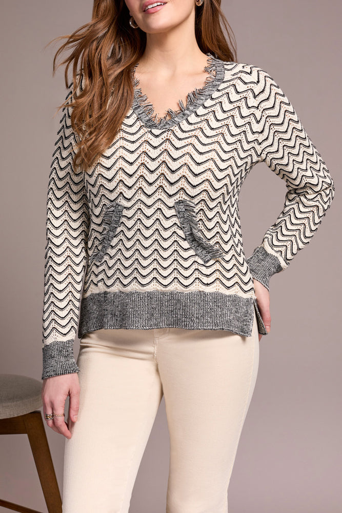 Tribal Fall 2025-2276O-576-Long Sleeve Hooded Sweater W/Fringe Detail-H Charcoal - The Coach Pyramids