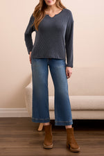 Tribal Fall 2025-2284O-8282-Long Sleeve Notch Collar Top-Marine - The Coach Pyramids