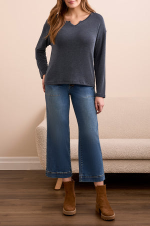 Tribal Fall 2025-2284O-8282-Long Sleeve Notch Collar Top-Marine - The Coach Pyramids