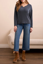 Tribal Fall 2025-2284O-8282-Long Sleeve Notch Collar Top-Marine - The Coach Pyramids