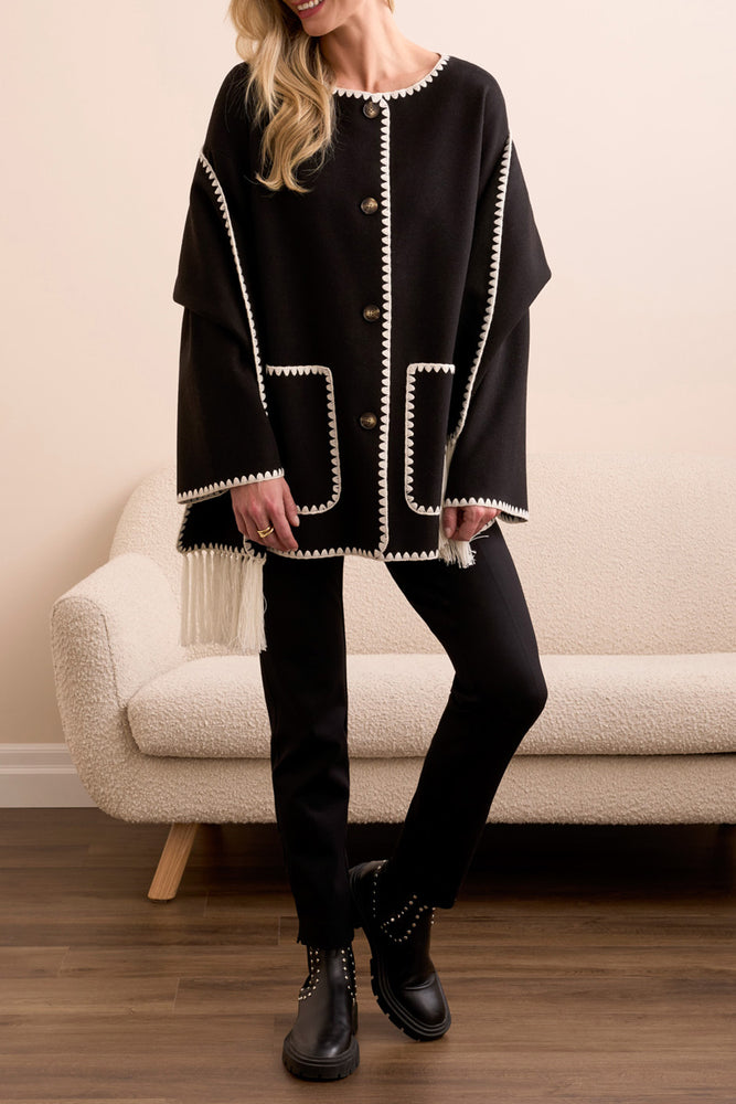 Tribal Fall 2025-2287O-3995-Long Sleeve Button Front Coat W/Detachable Scarf-Black - The Coach Pyramids