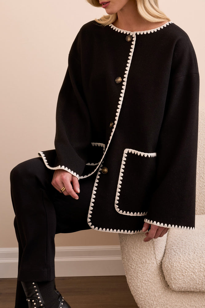 Tribal Fall 2025-2287O-3995-Long Sleeve Button Front Coat W/Detachable Scarf-Black - The Coach Pyramids
