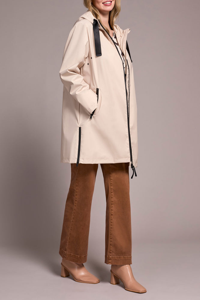 Tribal Fall 2025-2288O-8304-Long Sleeve Zip Front Rain Coat W/Hood-Sand Stone - The Coach Pyramids