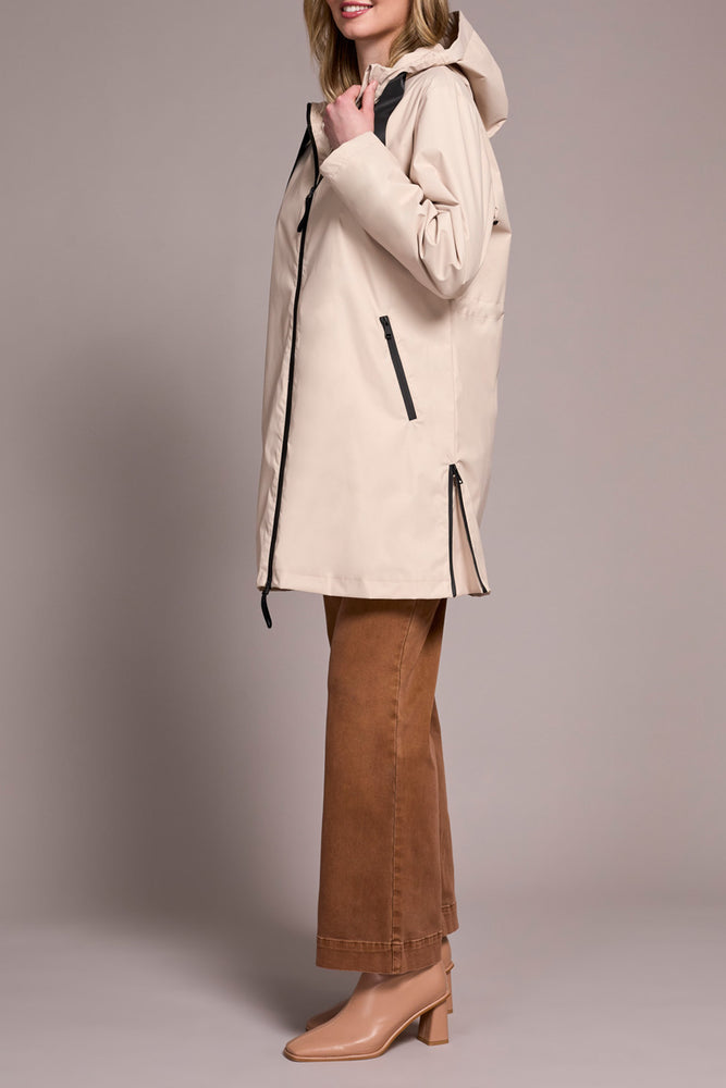 Tribal Fall 2025-2288O-8304-Long Sleeve Zip Front Rain Coat W/Hood-Sand Stone - The Coach Pyramids