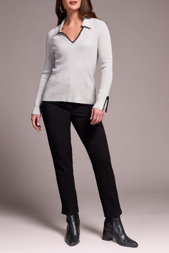 Tribal Fall 2025-2291O-835-Long Sleeve Polo Sweater W/Blanket Stitch-Grey Mix - The Coach Pyramids