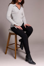 Tribal Fall 2025-2291O-835-Long Sleeve Polo Sweater W/Blanket Stitch-Grey Mix - The Coach Pyramids
