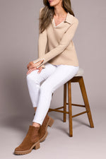 Tribal Fall 2025-2291O-835-Long Sleeve Polo Sweater W/Blanket Stitch-H Latte - The Coach Pyramids