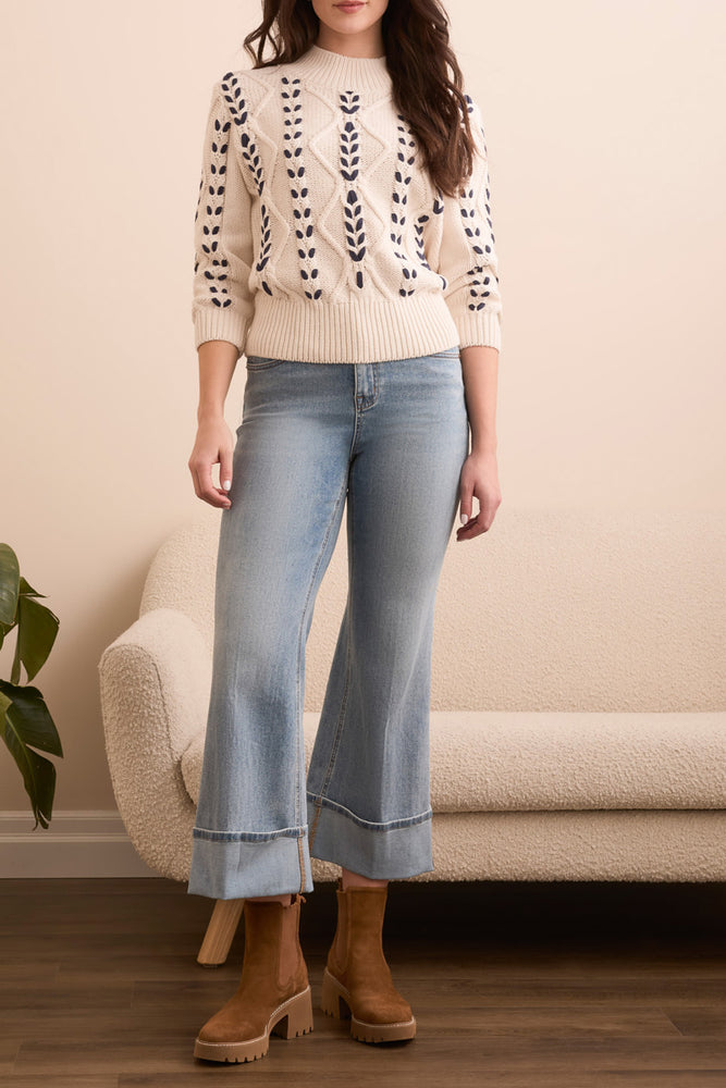Tribal Fall 2025-2295O-3954-3/4 Sleeve Mock Neck W/Cables Detail-Moonstone - The Coach Pyramids