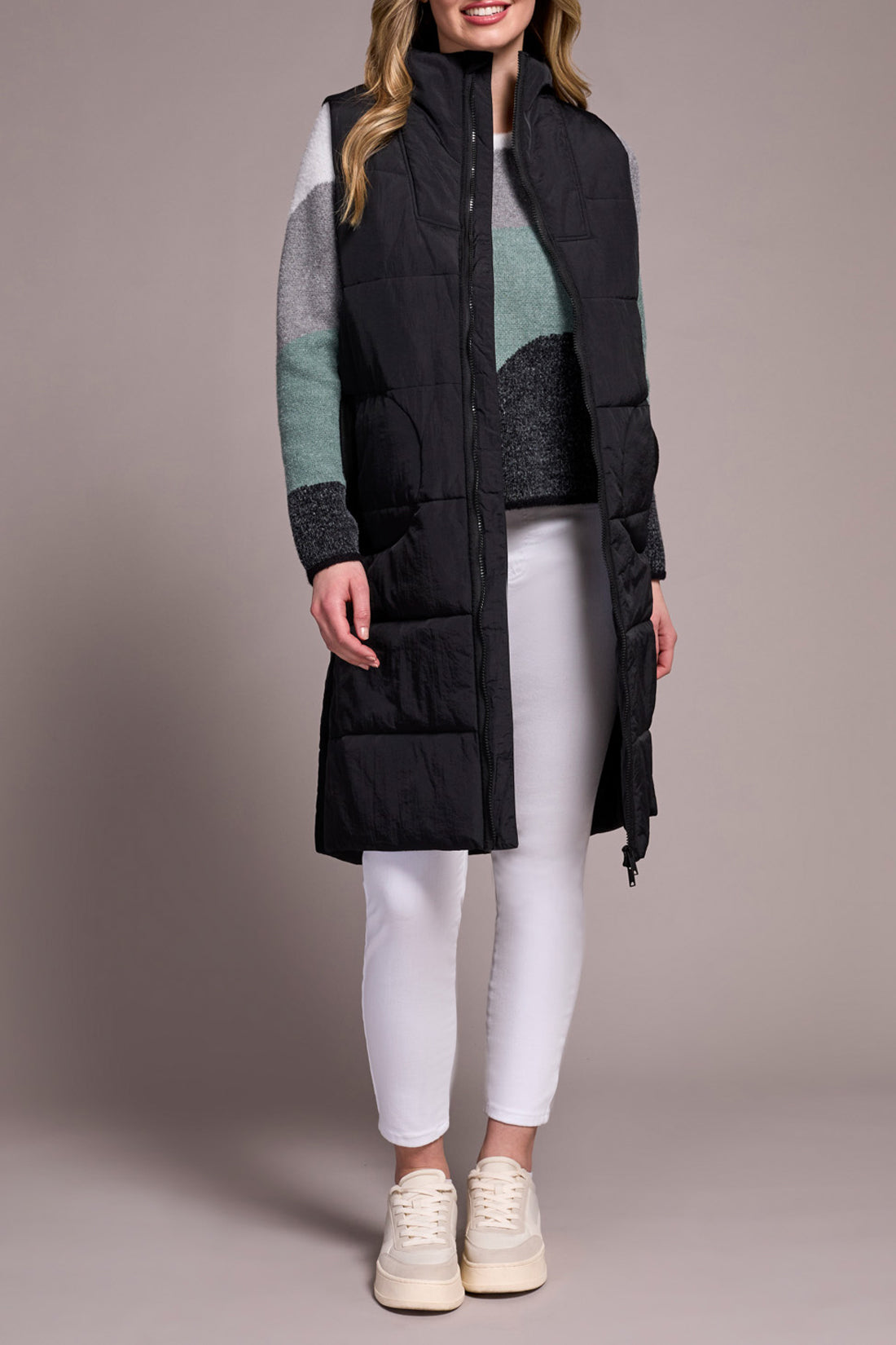 Tribal-Zip Front Quilted Long Vest-2314O-0002-Black - The Coach Pyramids