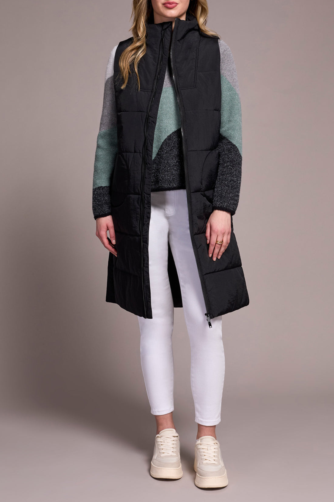 Tribal-Zip Front Quilted Long Vest-2314O-0002-Black - The Coach Pyramids