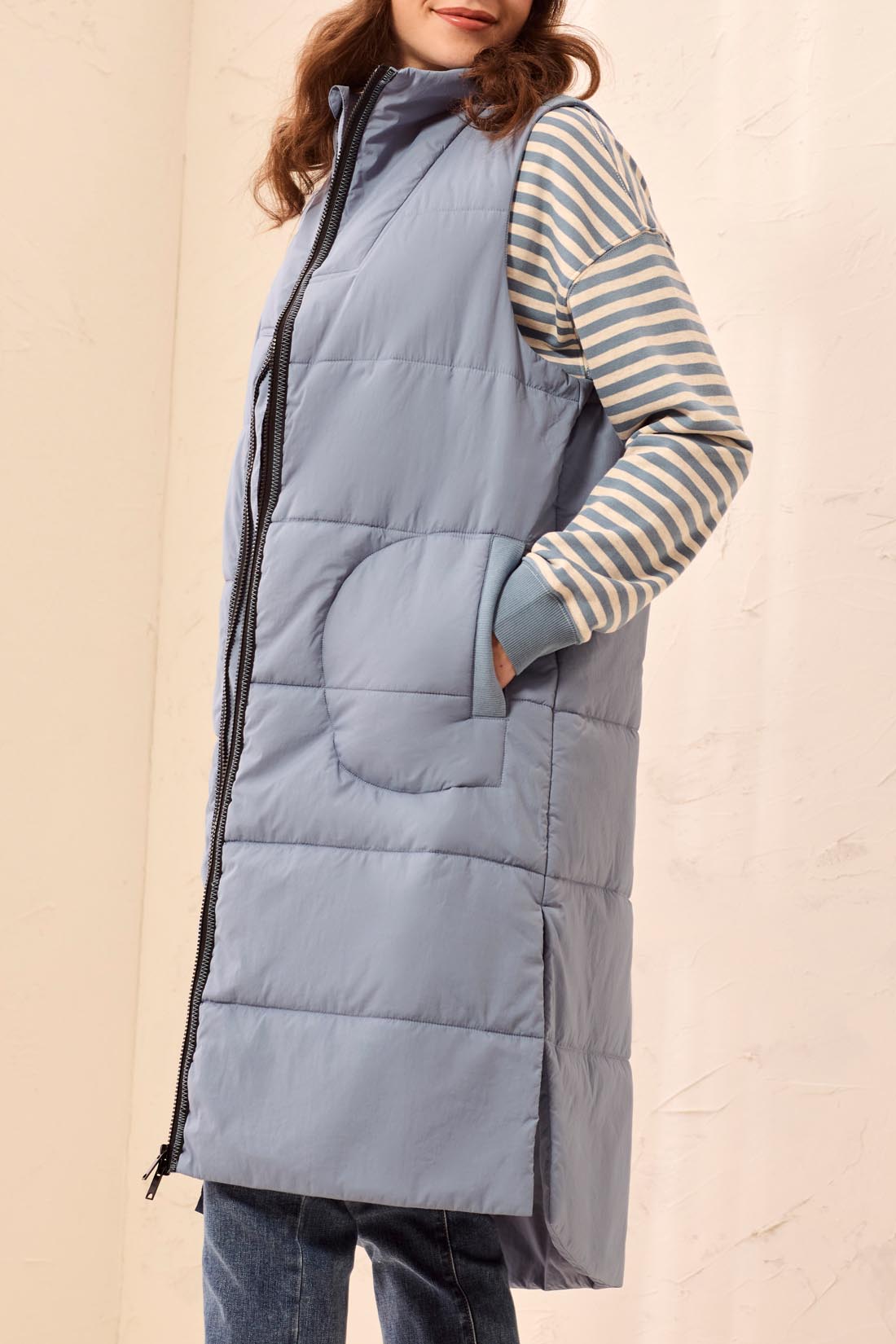 Tribal-Zip Front Quilted Long Vest-2314O-1633-Blue Fog - The Coach Pyramids