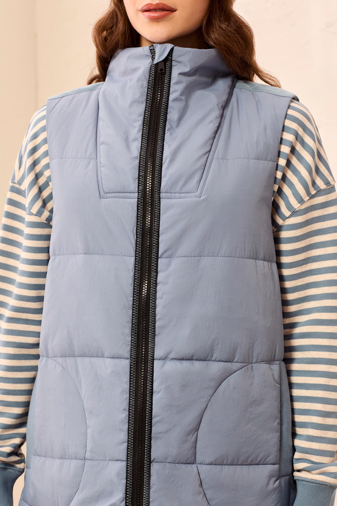 Tribal-Zip Front Quilted Long Vest-2314O-1633-Blue Fog - The Coach Pyramids