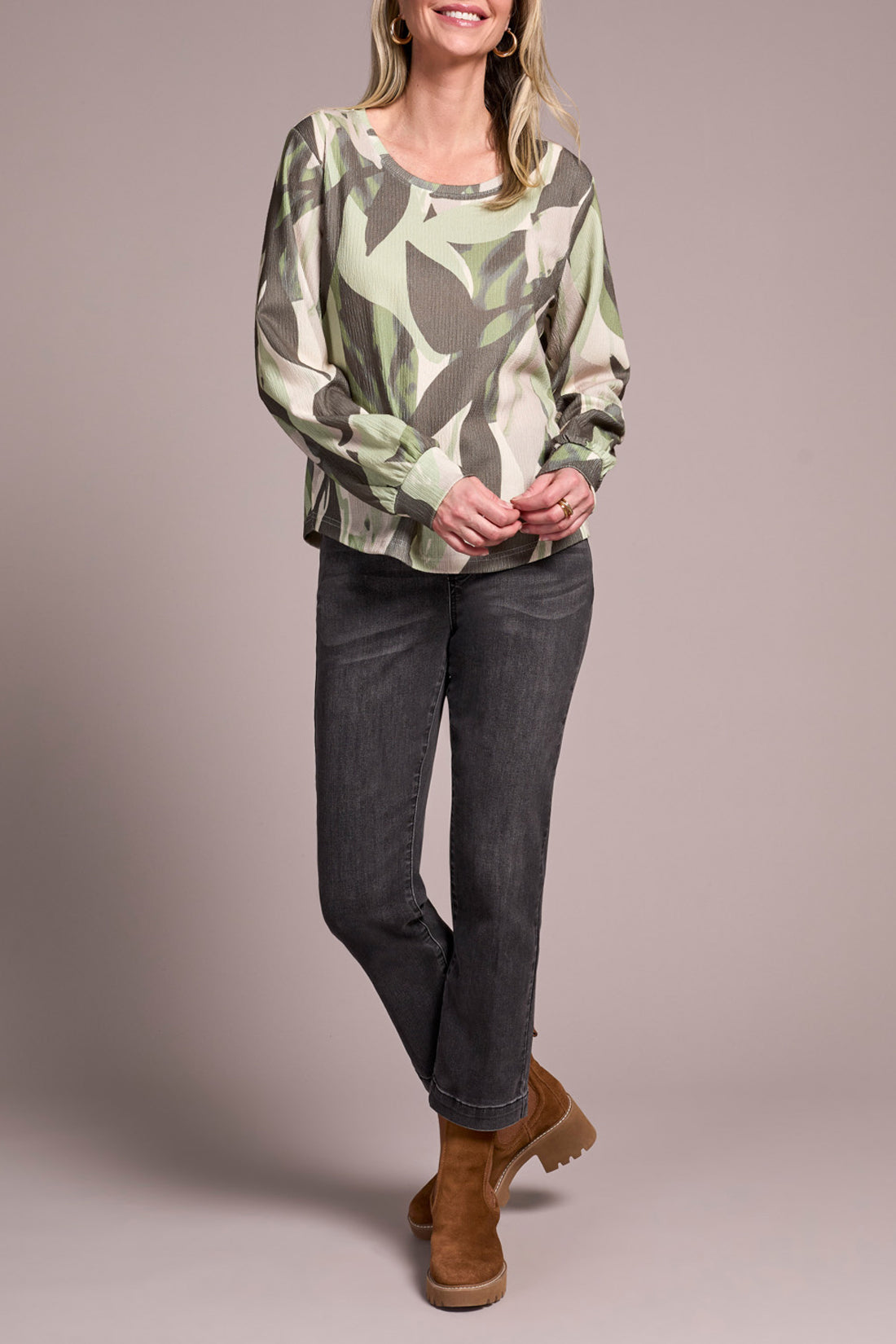 Tribal Fall 2025-2330O-8319-Long Sleeve Crew Neck Top W/Shirt Tail-Ivy - The Coach Pyramids