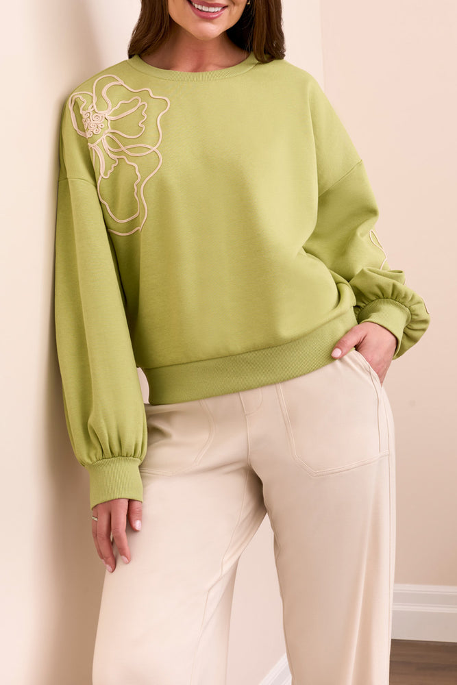 Tribal Fall 2025-2337O-8327-Long Sleeve Crew Neck Top W/Embroidery-Wasabi - The Coach Pyramids