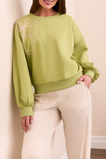 Tribal Fall 2025-2337O-8327-Long Sleeve Crew Neck Top W/Embroidery-Wasabi - The Coach Pyramids