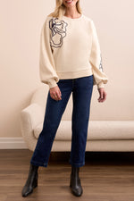 Tribal Fall 2025-2337O-8327-Long Sleeve Crew Neck Top W/Embroidery-Moon Stone - The Coach Pyramids