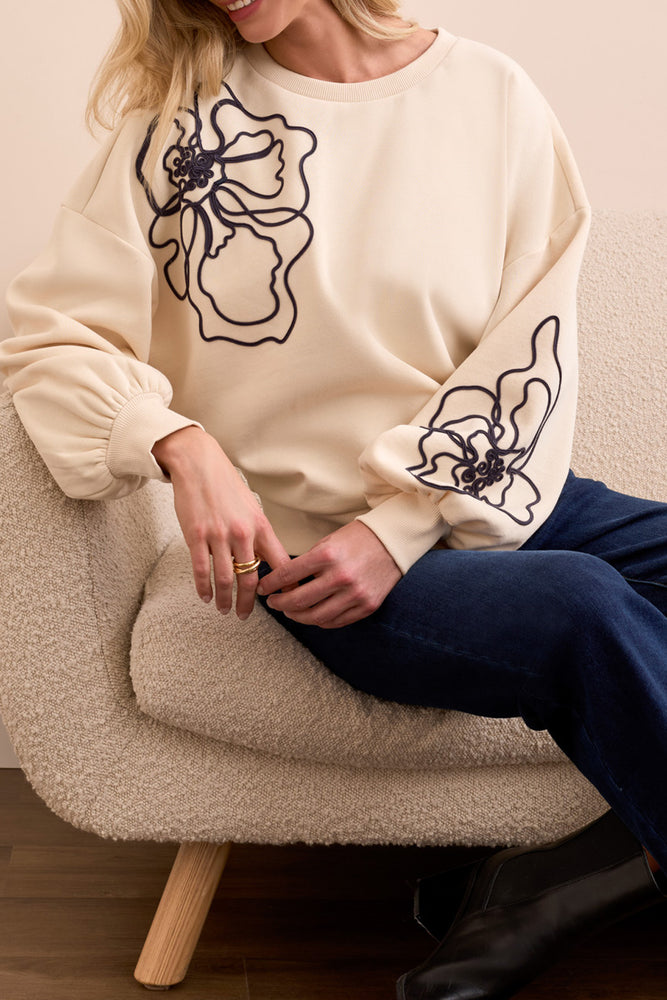 Tribal Fall 2025-2337O-8327-Long Sleeve Crew Neck Top W/Embroidery-Moon Stone - The Coach Pyramids