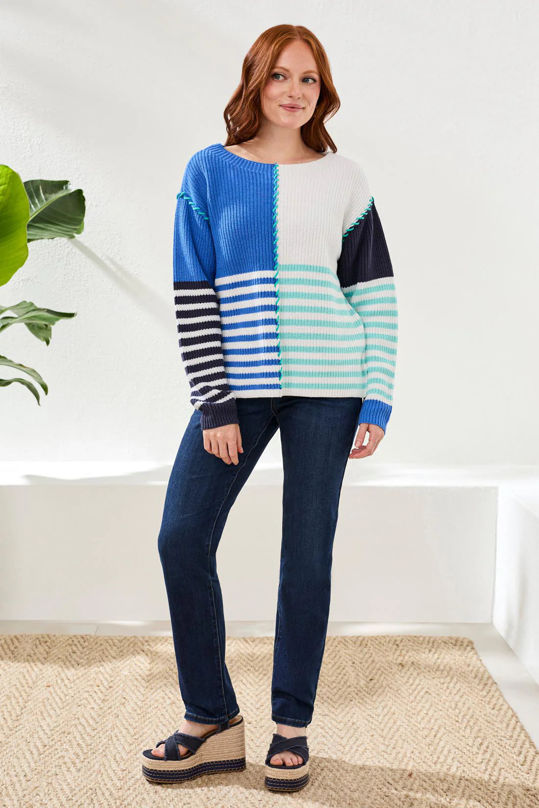 Tribal Multi Stripe Textured Boat Neck Sweater-2338O-2855-Sea Shore - The Coach Pyramids