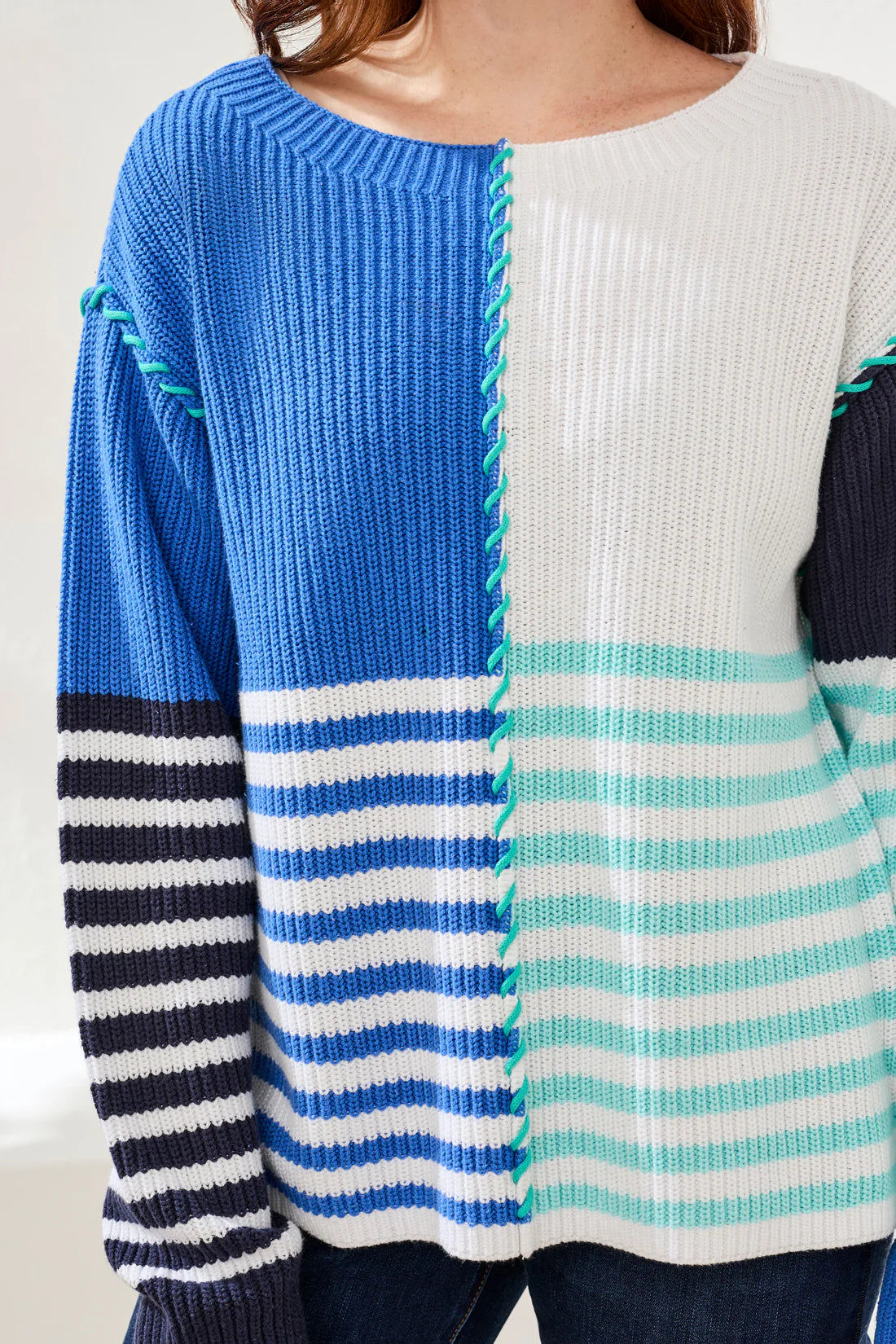 Tribal Multi Stripe Textured Boat Neck Sweater-2338O-2855-Sea Shore - The Coach Pyramids