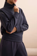 Tribal Fall 2025-2339O-8327-Long Sleeve Funnel Neck Top W/Stitching-Sapphire - The Coach Pyramids
