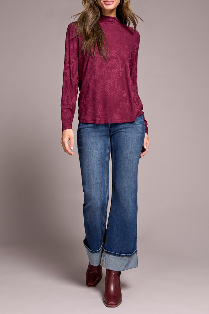 Tribal Fall 2025-2360O-8328-Long Sleeve Mock Neck Top-Wine - The Coach Pyramids
