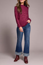 Tribal Fall 2025-2360O-8328-Long Sleeve Mock Neck Top-Wine - The Coach Pyramids