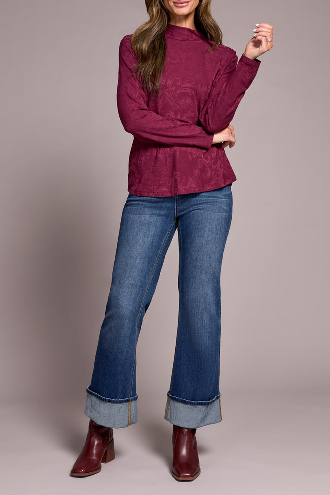 Tribal Fall 2025-2360O-8328-Long Sleeve Mock Neck Top-Wine - The Coach Pyramids