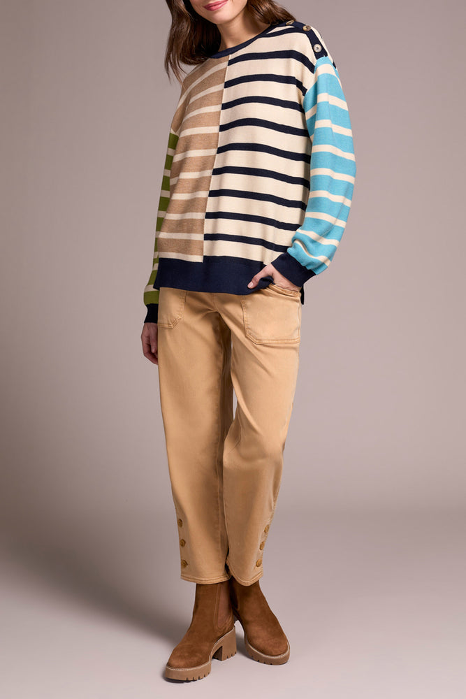 Tribal Fall 2025-2364O-8307-Long Sleeve Crew Neck Sweater W/Button Detail-Ice Latte - The Coach Pyramids