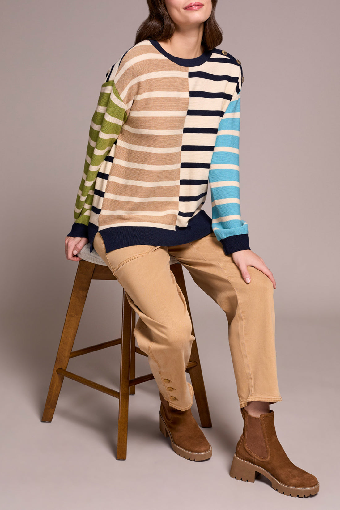 Tribal Fall 2025-2364O-8307-Long Sleeve Crew Neck Sweater W/Button Detail-Ice Latte - The Coach Pyramids