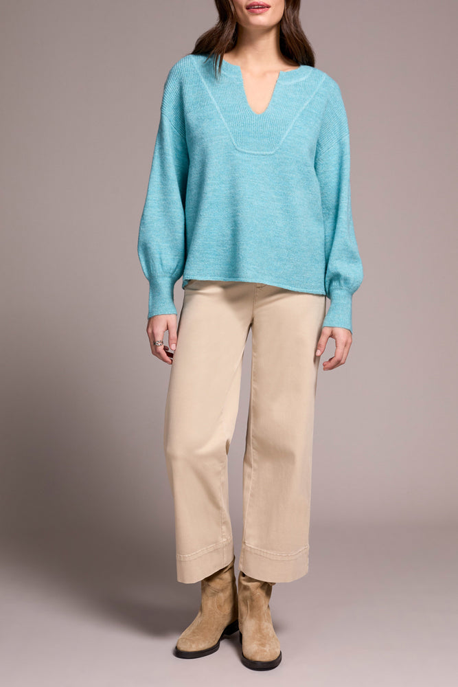 Tribal Fall 2025-2380O-3590-Long Sleeve Notch Neckline Sweater-Mist Blue - The Coach Pyramids