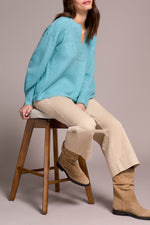 Tribal Fall 2025-2380O-3590-Long Sleeve Notch Neckline Sweater-Mist Blue - The Coach Pyramids