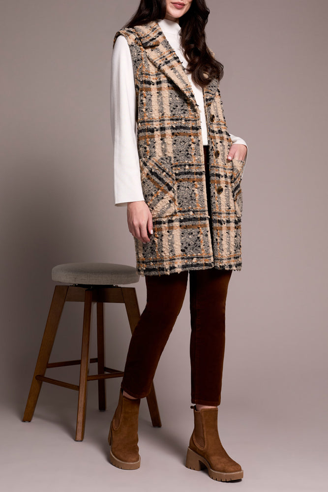 Tribal Fall 2025-2382O-8354-Wide Notch Collar Button Front Vest-Sand Stone - The Coach Pyramids
