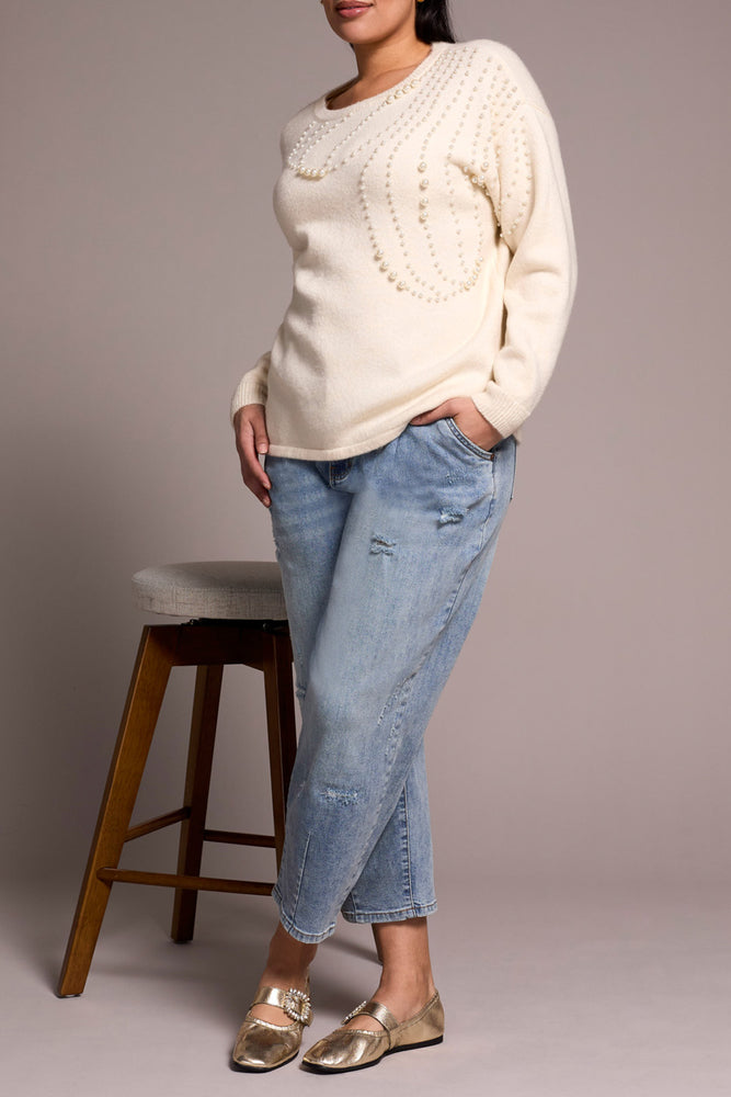 Tribal Fall 2025-2388O-8355-Long Sleeve Crew Neck Sweater W/Pearls-Sand Stone - The Coach Pyramids