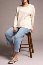 Tribal Fall 2025-2388O-8355-Long Sleeve Crew Neck Sweater W/Pearls-Sand Stone - The Coach Pyramids