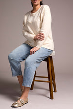 Tribal Fall 2025-2388O-8355-Long Sleeve Crew Neck Sweater W/Pearls-Sand Stone - The Coach Pyramids