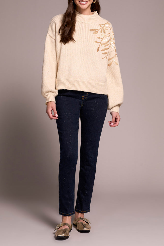 Tribal Fall 2025-2391O-3976-Long Sleeve Mock Neck Sweater W/Sequins-Latte - The Coach Pyramids