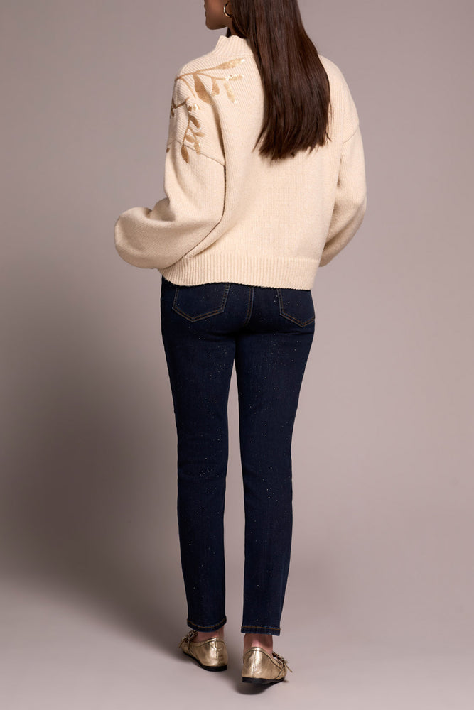 Tribal Fall 2025-2391O-3976-Long Sleeve Mock Neck Sweater W/Sequins-Latte - The Coach Pyramids