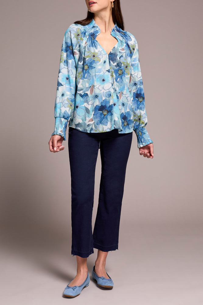Tribal Fall 2025-2396O-8250-Long Sleeve Blouse W/Smocking Details-Slate Blue - The Coach Pyramids