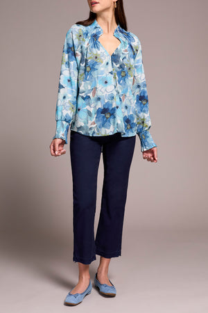 Tribal Fall 2025-2396O-8250-Long Sleeve Blouse W/Smocking Details-Slate Blue - The Coach Pyramids