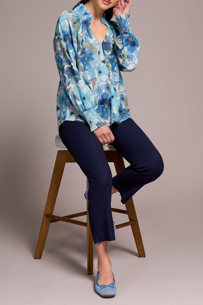Tribal Fall 2025-2396O-8250-Long Sleeve Blouse W/Smocking Details-Slate Blue - The Coach Pyramids