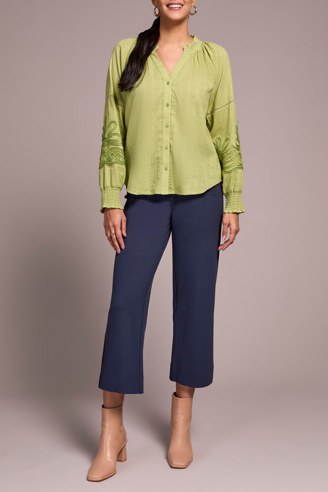 Tribal Fall 2025-2408O-8299-Long Sleeve Blouse W/Applique On Sleeve-Wasabi - The Coach Pyramids